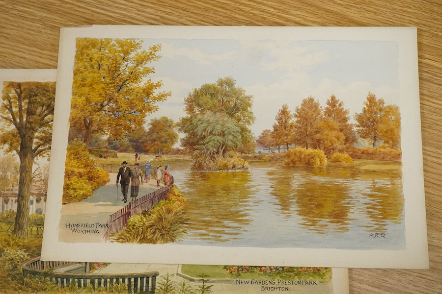 Sir Alfred Robert Quinton (1853-1934), Set of eight original watercolours for postcard designs, Sussex views to include Mermaid Street, Rye, Old Town, Hastings and Preston Park, Brighton, each monogrammed, signed or insc